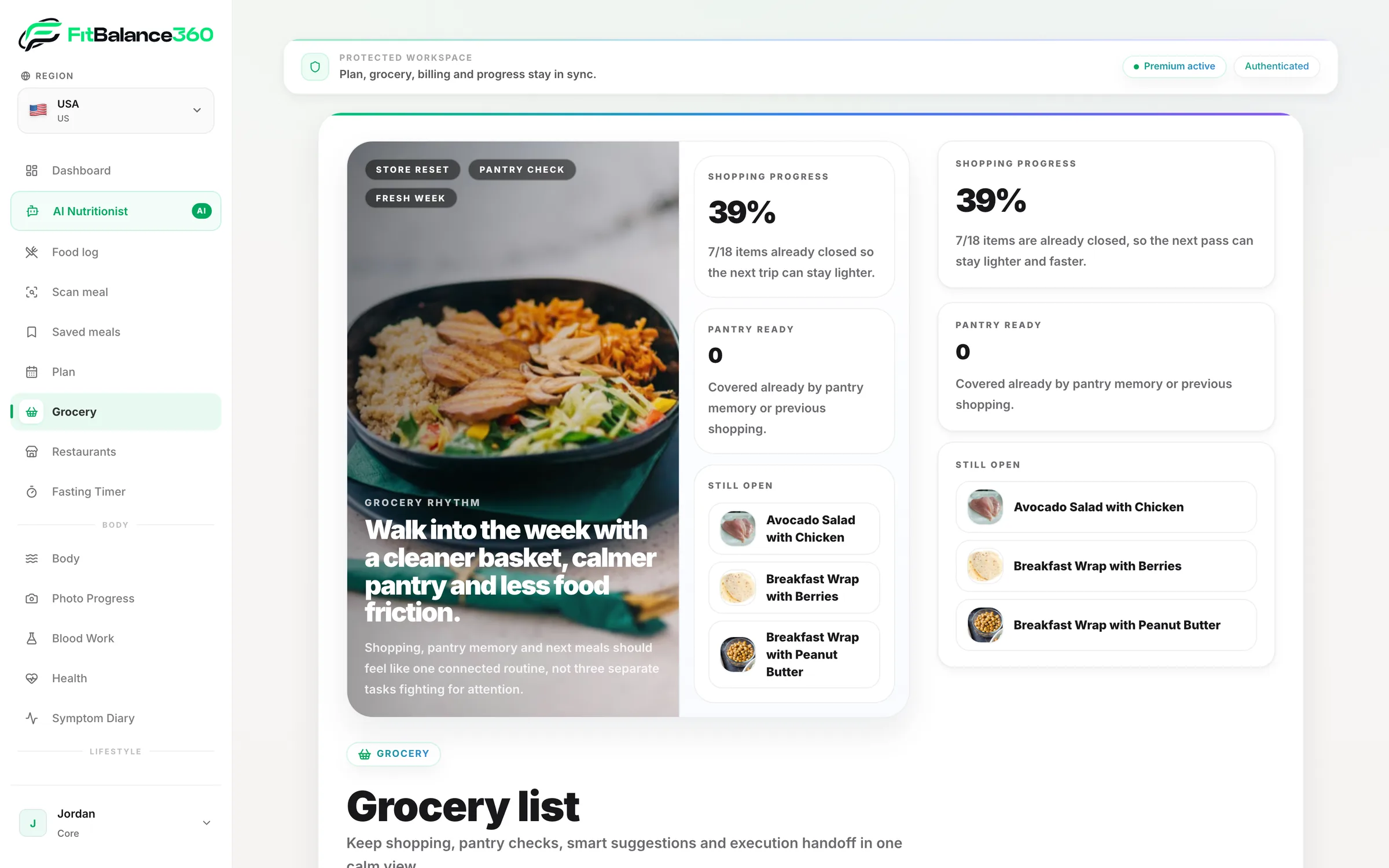 FitBalance360 — spisak za kupovinu napravljen iz plana ishrane