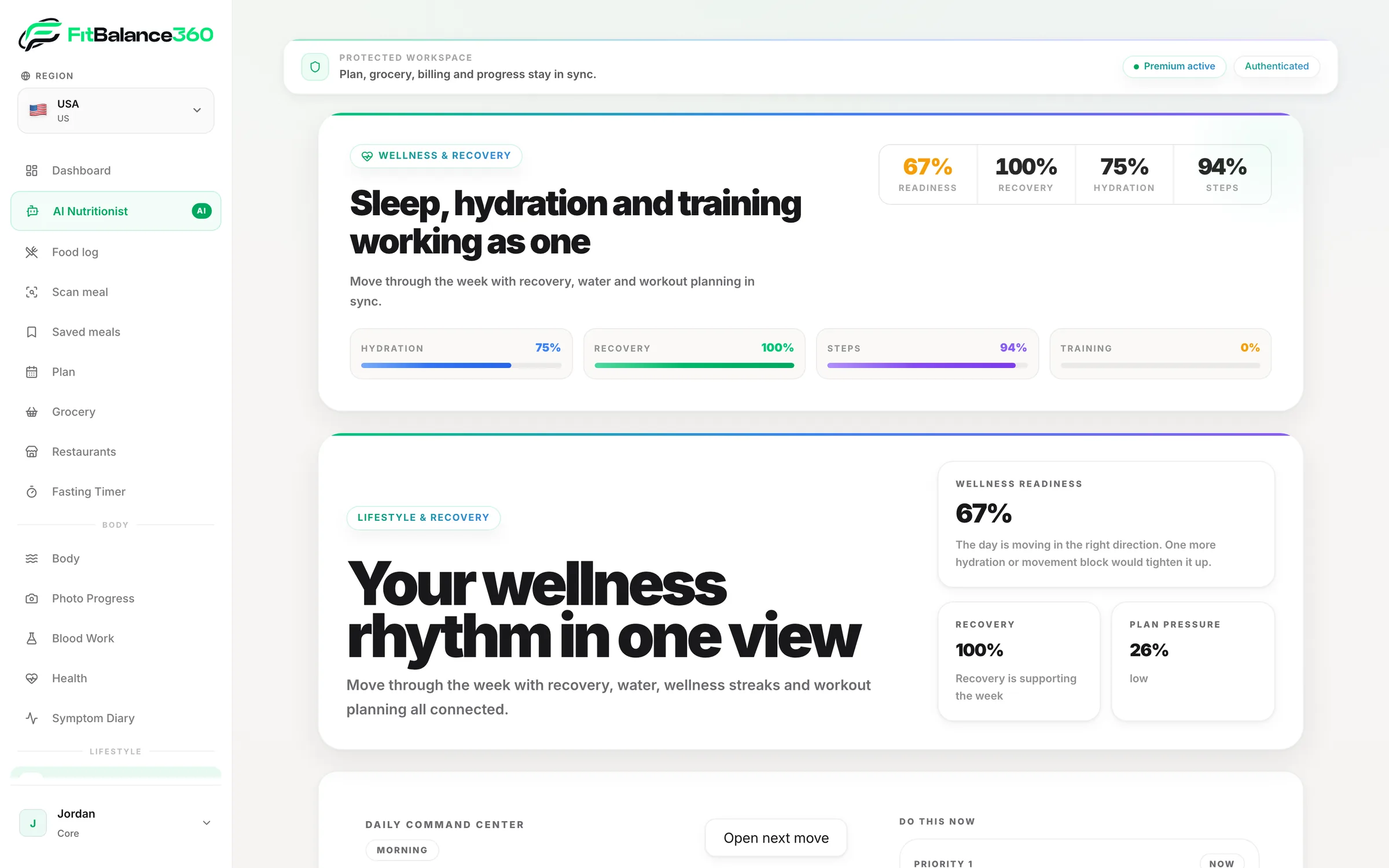 FitBalance360 — hidratacija, oporavak, koraci i trening