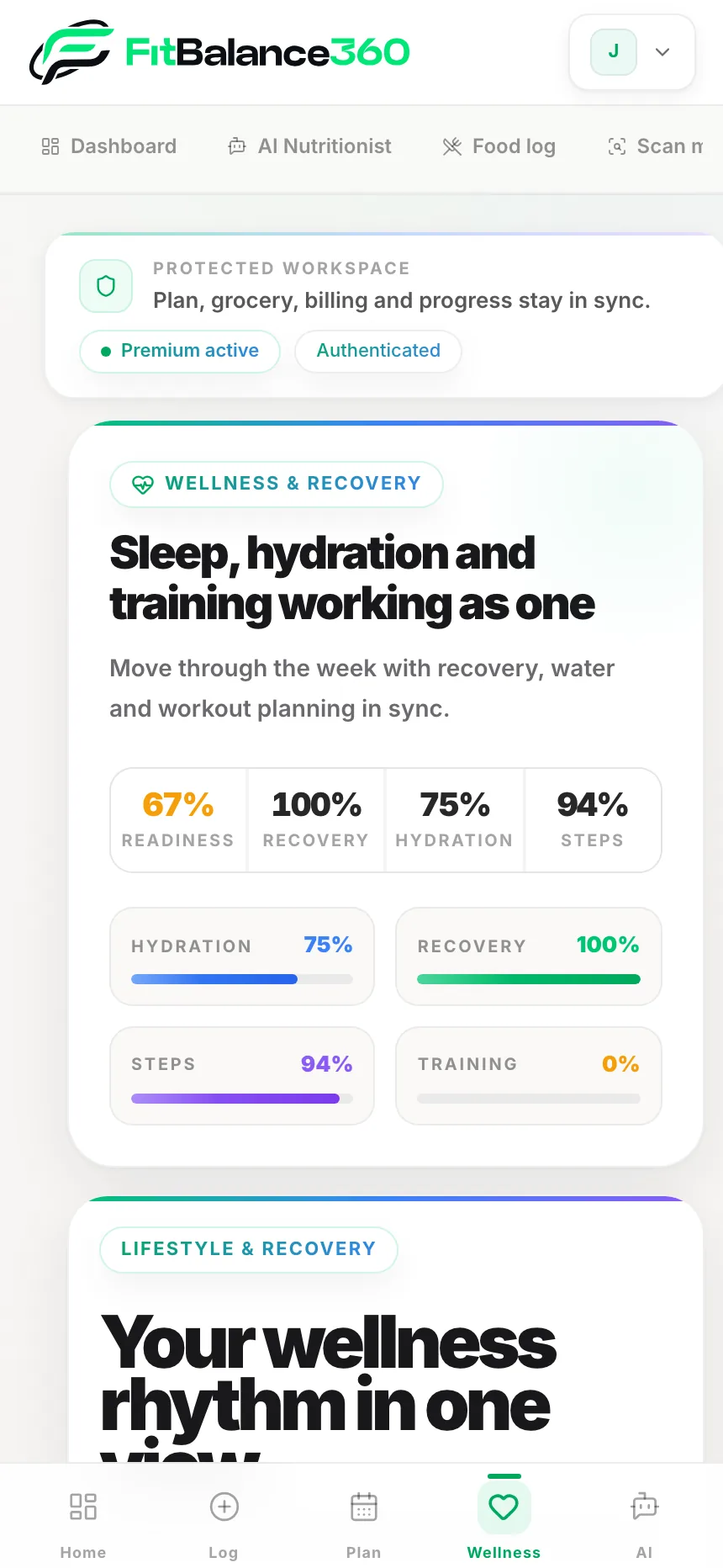 FitBalance360 na telefonu — san, hidratacija i trening